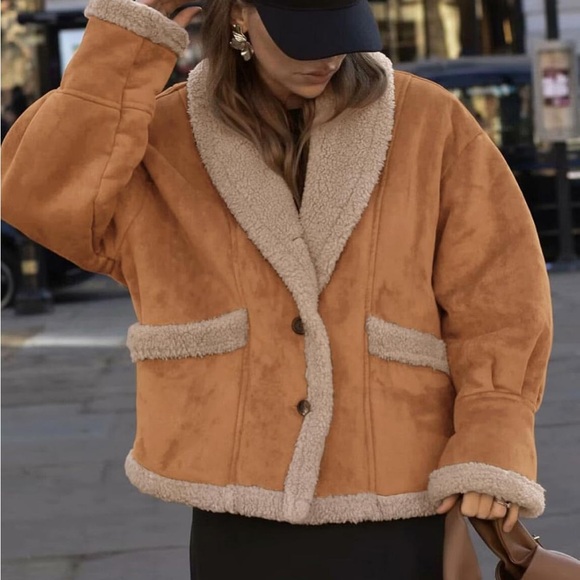 Cozy Tan Shearling Jacket thick faux suede winter warm coat - Picture 2 of 6